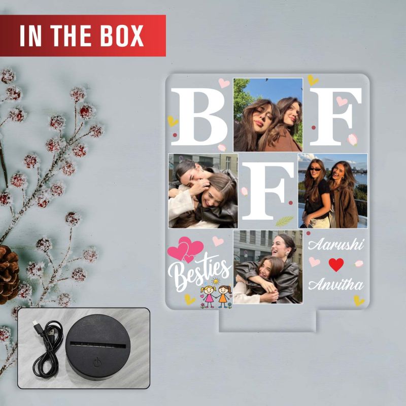 Personalized BFF 3D LED Photo Lamp Custom Photos & Names 3D Illusion Bedside Night Light Friendship Gift for Besties, Sisters Birthday Gift for BFF Multicolored Light